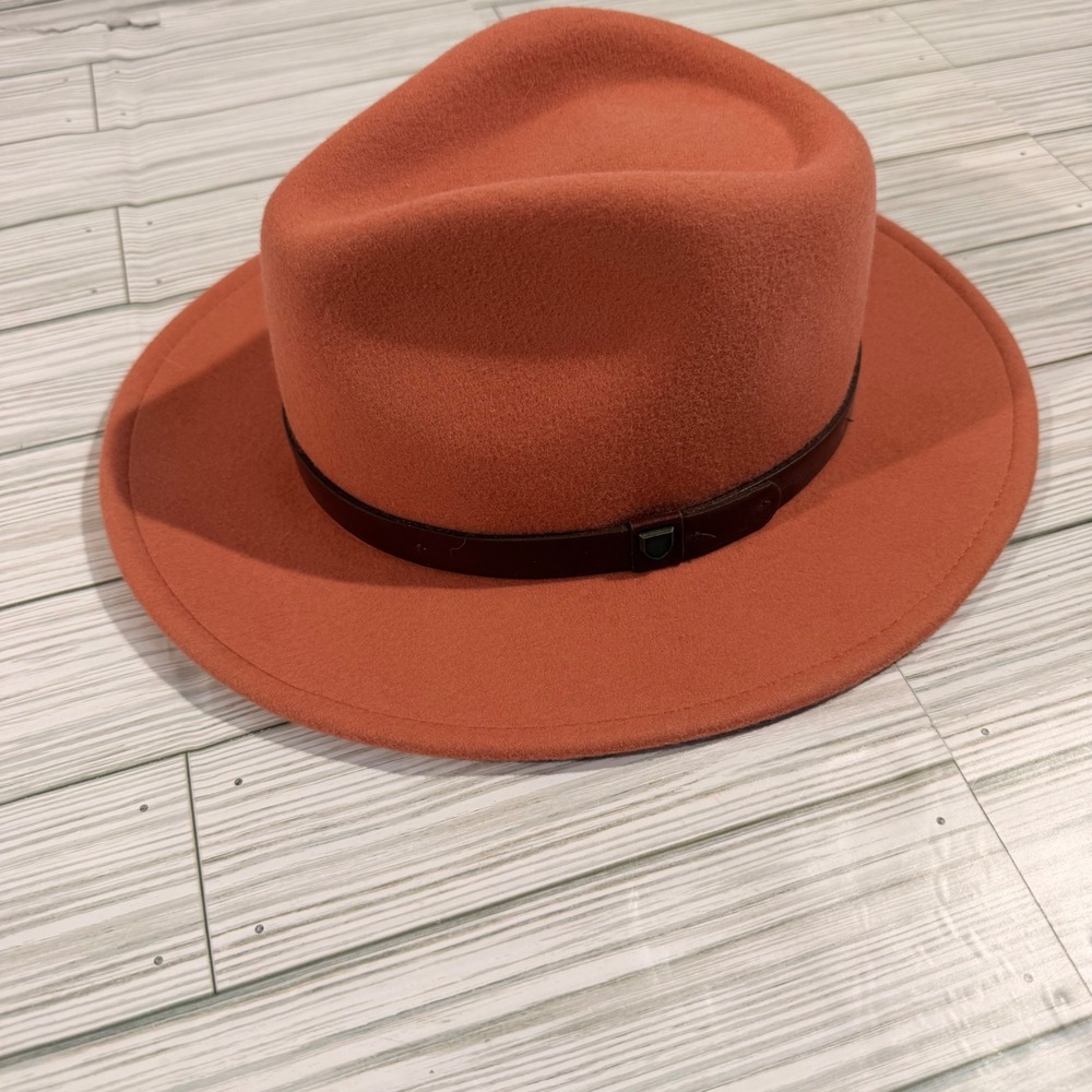 Brixton Messer Fedora Burnt Orange Rust Felt Hat XS 54cm Brown Leather Band